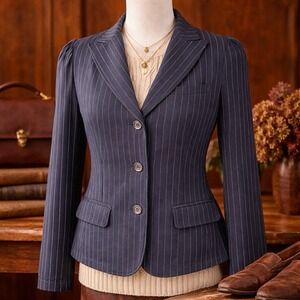 Y2K LRL Lauren Jeans Co Wms L Blazer Jacket Pinstripe Black Gray Academia Prep